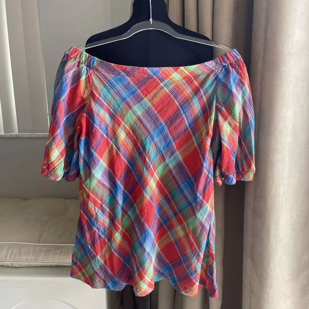 $80 LAUREN Ralph Lauren Plaid Madras  Crinkle Cotton Off Shoulder Top L - Picture 2 of 9